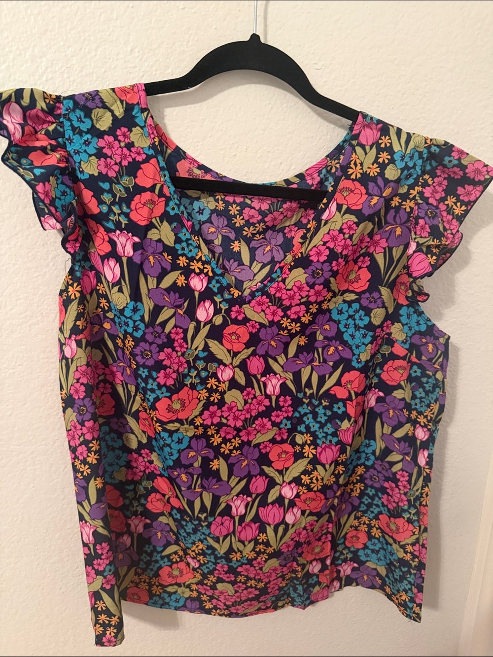 SHEIN Black Floral Flutter Sleeve Top - Pink Purple Blue Green